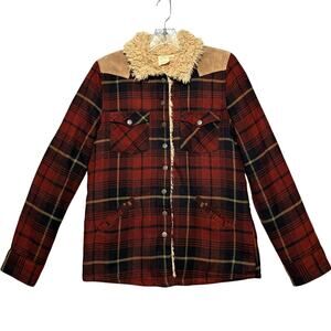 White Crow Flannel Faux Suede Sherpa Lining Snap Front Shirt Women S Red Tan